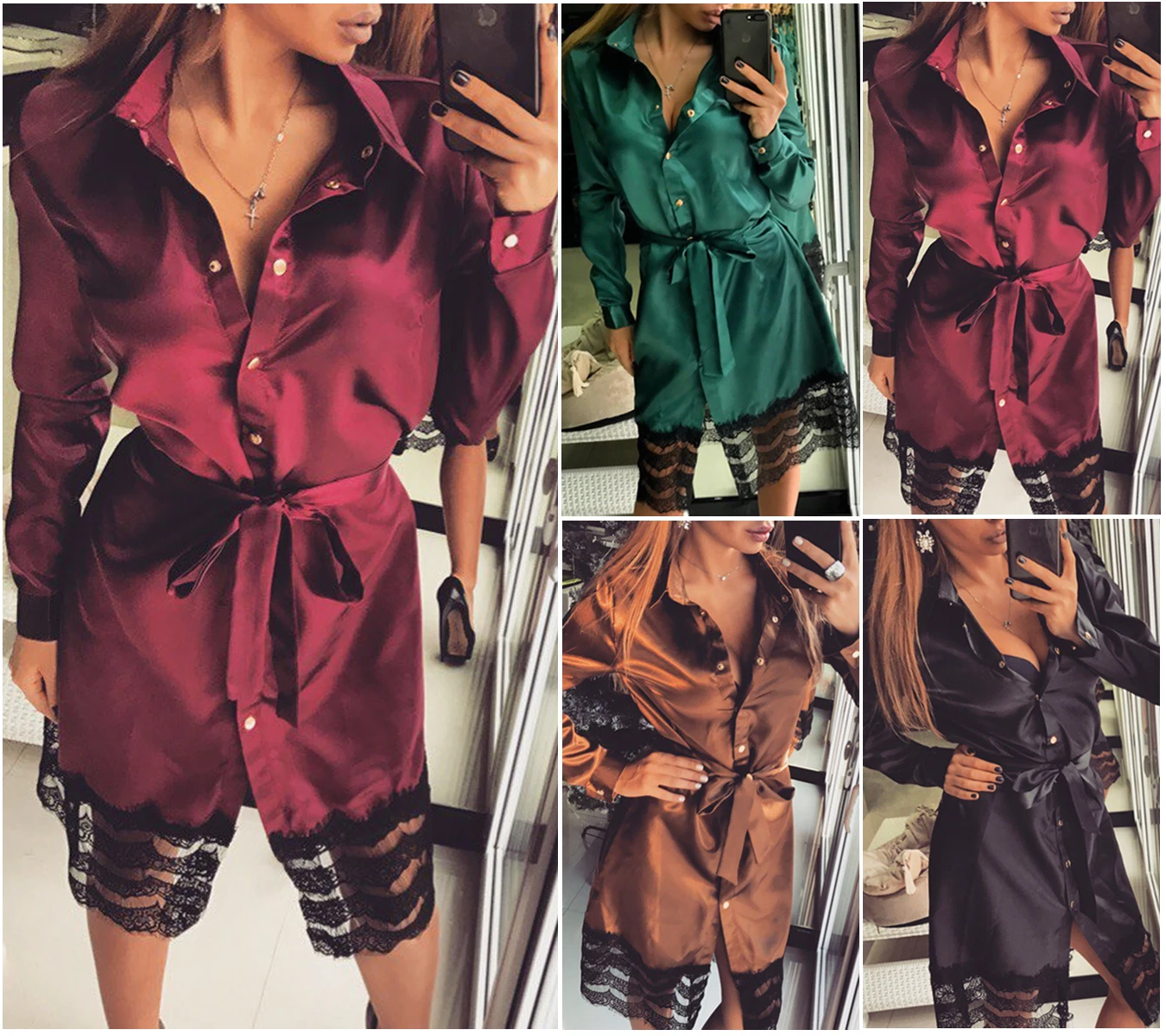 New Fashion Women Sleep Tops Autumn Winter Full Sleeve Length Solid Pattern Type Turn-down Collar Lace Decoration