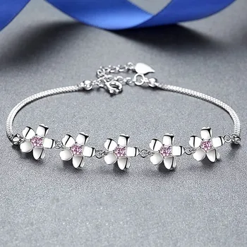 

Gemstones pink crystal chain bracelets for women white gold silver color flower argent jewelry bijoux accessory fashion gift