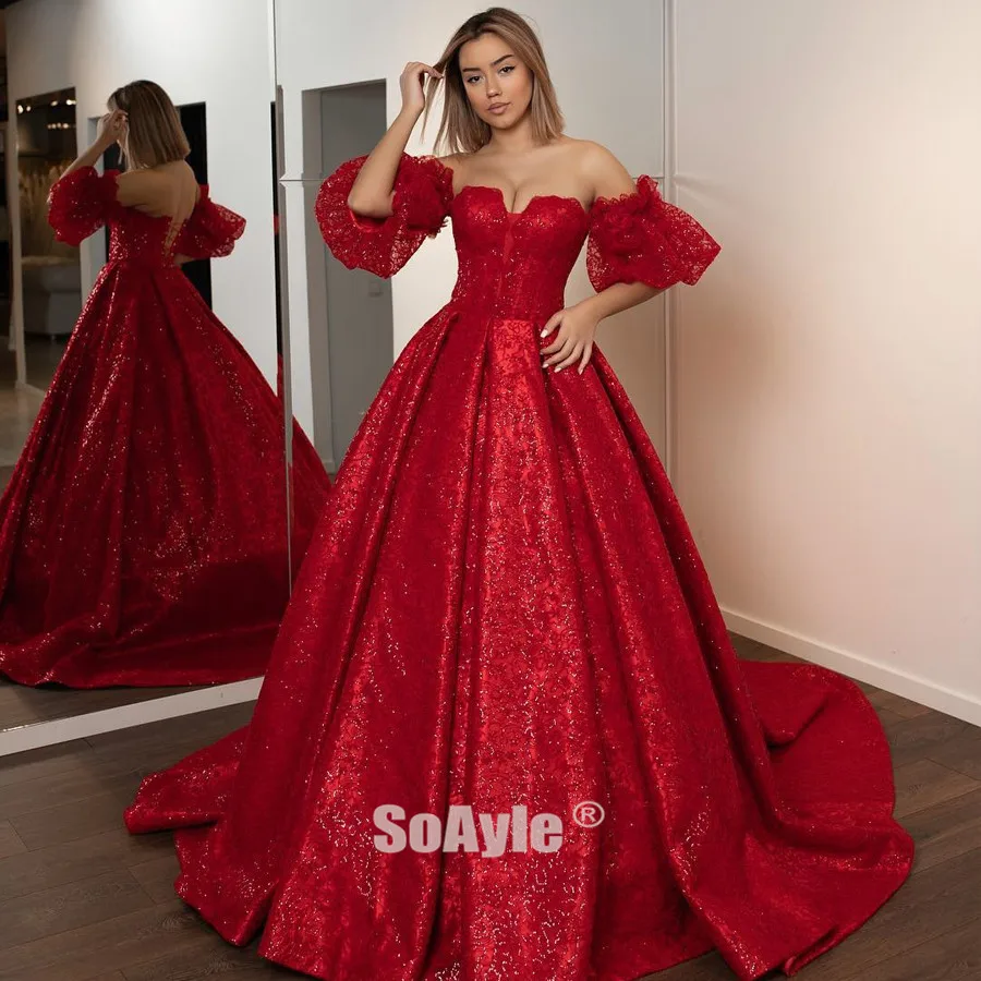SoAyle мяч вечерние платья Bling Красный арабский вечернее платье с блестками без бретелек прозрачная емкость рукав халат De Soire