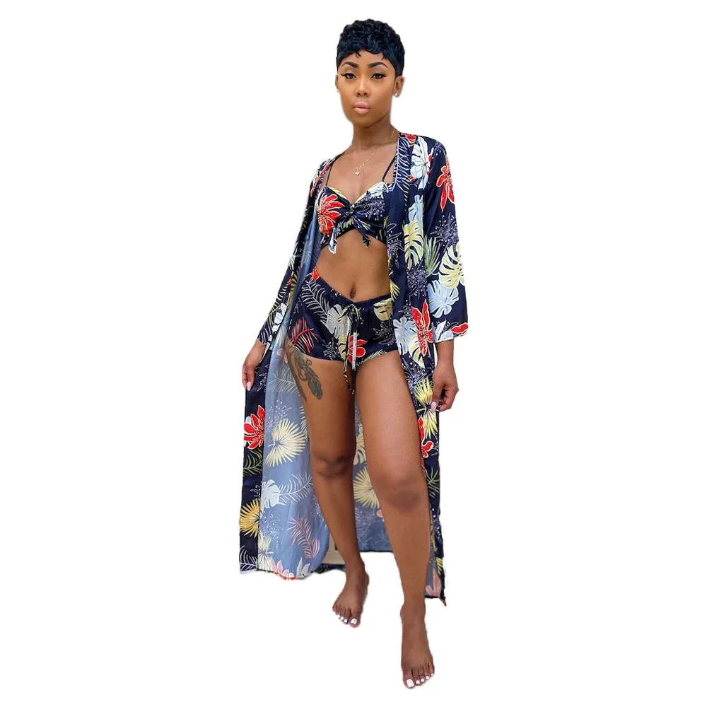 Three Piece Ladies Suit Beach Suit Swimsuit Beach Suit Bikini Suit Casual Fashion Print Soft Shorts Cape Suit New Summer Style
