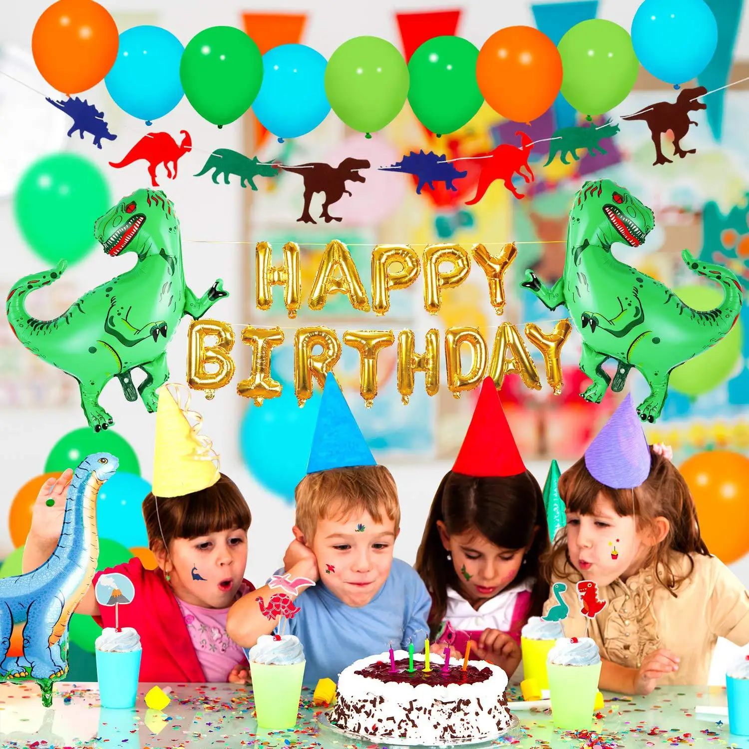 

Dinosaur Party Decorative Supplies Set Dinosaur Felt Flag Tyrannosaurus Rex Aluminum Balloon Tattoo Cake Insert