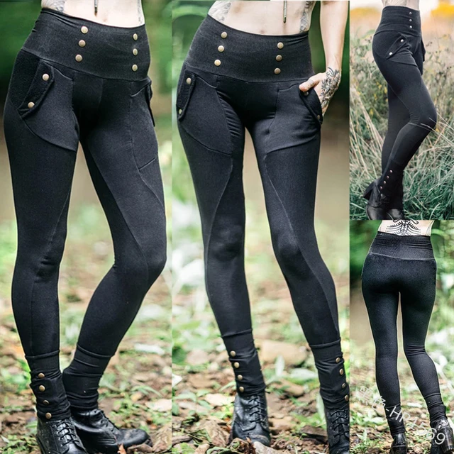 Steampunk Style Black Cross Rivet High Waist Womens Leather Trousers   Magic Wardrobes