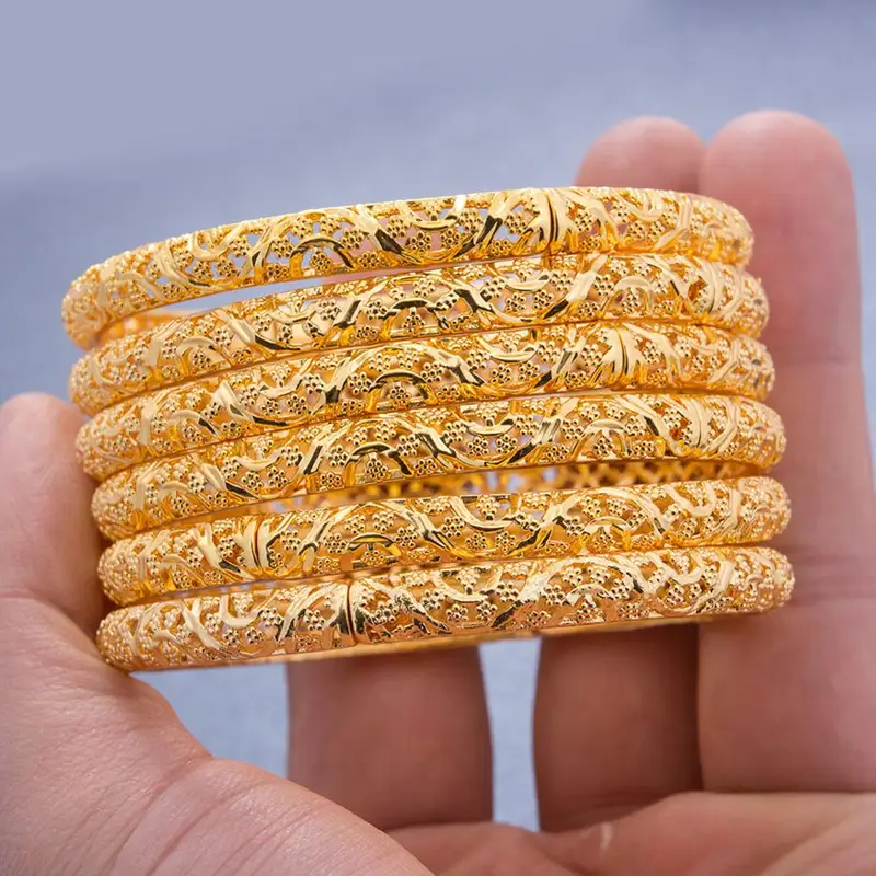 24k 6Pcs Gold Color Dubai India Bangles For Women African Bridal Bangles Bracelets Gold Wedding Bangles Jewellery Gifts