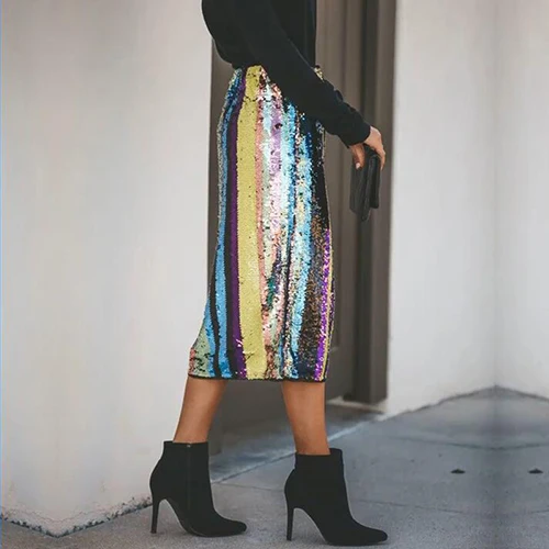 Multicolor Женские цветные юбки с пайетками для женщин с высокой талией, облегающие Женские юбки-карандаш с блестками, сексуальные шикарные облегающие Клубные вечерние юбки миди - Цвет: Multicolor