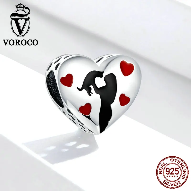 

VOROCO Genuine 925 Sterling Silver China Pet Love Touched Heart Cat Beads fit Pandora Bracelet Star Letter Crystal Charms