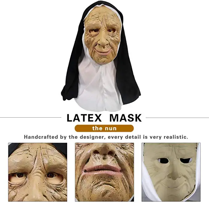 Molezu The Nun Mask with Veil Halloween Latex Costume Props Old Woman Face Mask with Headscarf