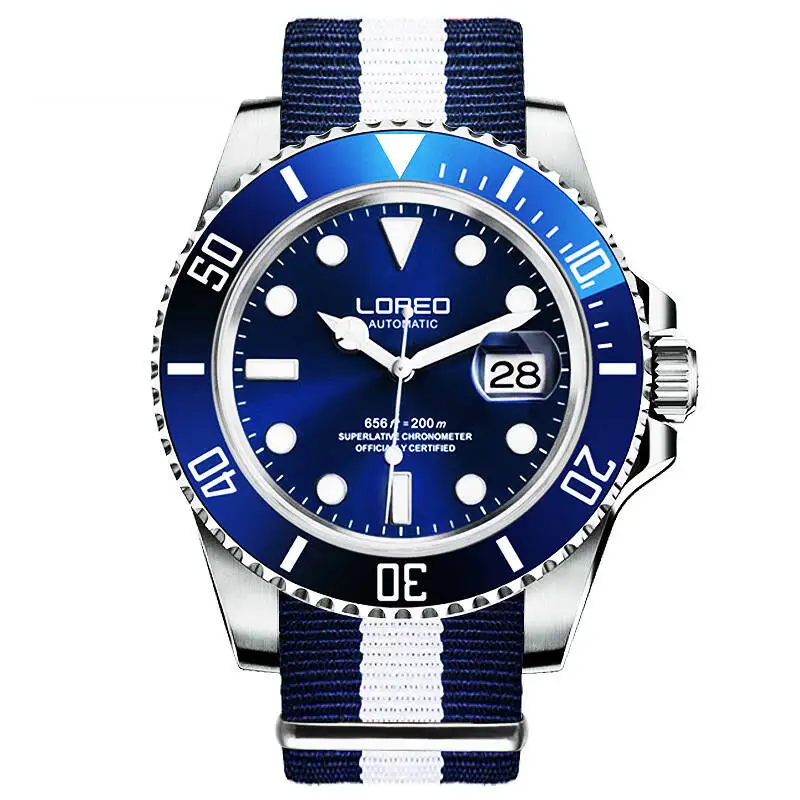 LOREO 9201 немецкие часы diver 200 м oyster perpetual автоматические механические классические сапфировый, светящийся Водонепроницаемый diver часы - Цвет: Blue nylon