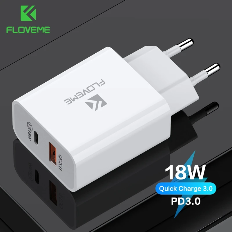 FLOVEME 18 Вт PD 3 0 Dual USB Quick Charge EU Plug зарядное устройство для телефона iPhone Samsung QC