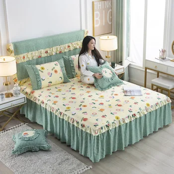 

2020 new hot fashin 3pc Sanding Bedspread Wedding Fitted Sheet Cover Soft Non-Slip King Queen 100% cotton Bed Skirt