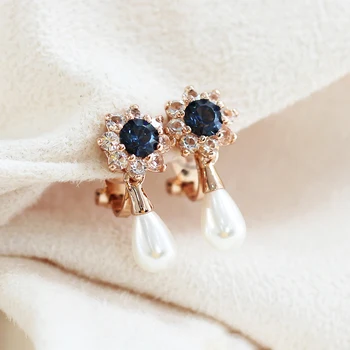 

Vintage Blue Stone Flower Wedding Earrings Clip on Rose Gold Crystal Bridal Earring Teardrop Pearl Earrings for Non Pierced Ears