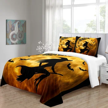 

King Size Bedding Set Happy Halloween Witch and Bat Duvet Cover Bed Comforter Twin Luxury Cartoon Kids Kawaii Custom Quality