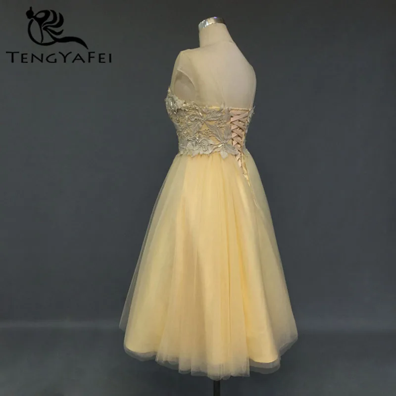 Vestido de noiva короткое платье для выпускного вечера ТРАПЕЦИЕВИДНОЕ кружевное Бисероплетение длиной до колена с коротким рукавом vestido de festa желтые платья подружек невесты