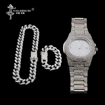 

Luxury Gold Color Watch Crystal Miami Ice Out Cuban Chain Gold Silver Color Men Watch&amp Necklace& amp Bracelet Hip Hop Jewelry