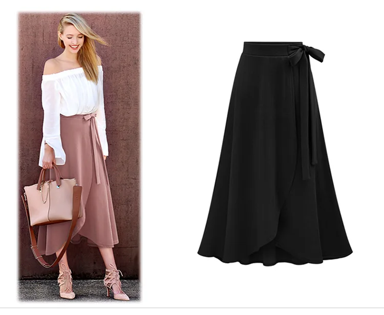 M-2XL Women's Bohemian Irregular Bow Skirt Lady Autumn Versatile Long Skirt Fashion Elegant Ladies Midi Skirts Pink Black Green crop top with skirt