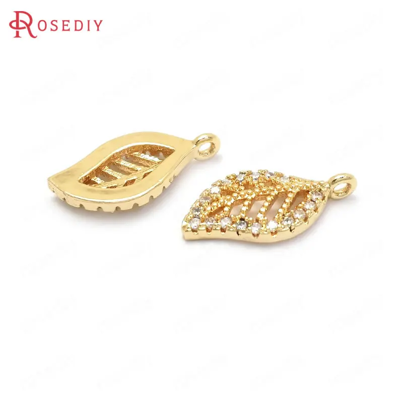 37134)4PCS 15x8MM 24K Gold Color Brass and Zircon Tree Leaf Leaves Charms Pendants Jewelry Making Supplies Findings Accessories