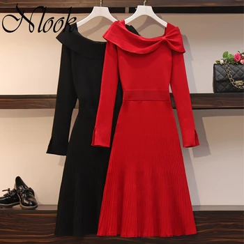 

Nlook 2020 Solid O Neck Bow Aautumn Lady Dress Red Knitting Wommen Large Size Dress Long Sleeve Korean Style Causual Femal Cloth