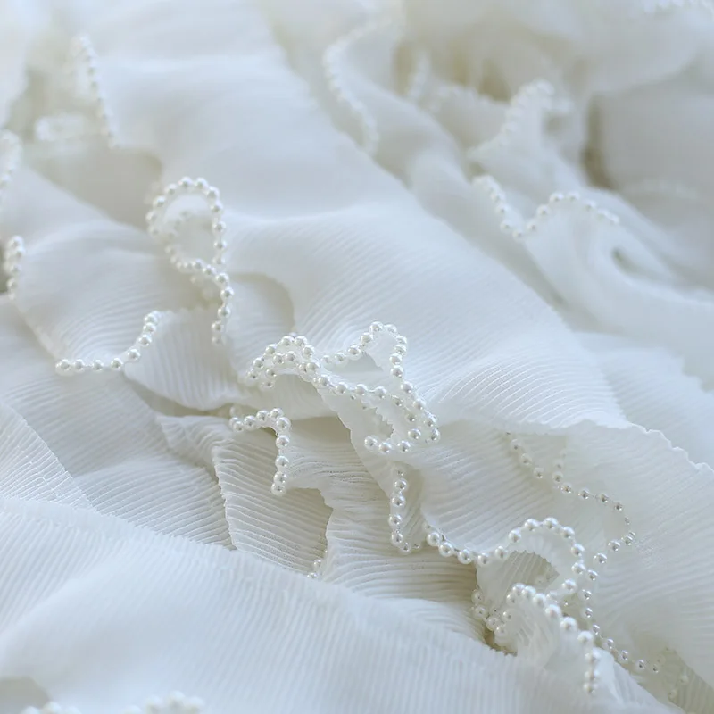Lace Fabric 6CM Wide Embroidery White Flower Beads Tulle Trim Ribbon DIY Sewing Ruffle Applique Collar Dubai Dress Decor