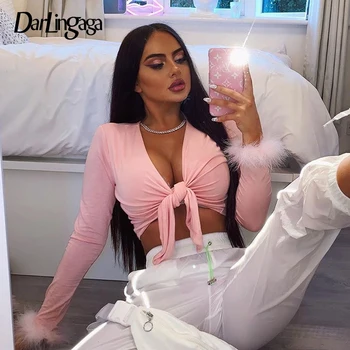 

Darlingaga V Neck Pink Lace Up Sexy T shirt Fashion Long Sleeve Feather Autumn T-shirts for Women Crop Top Tee Shirt Femme 2020