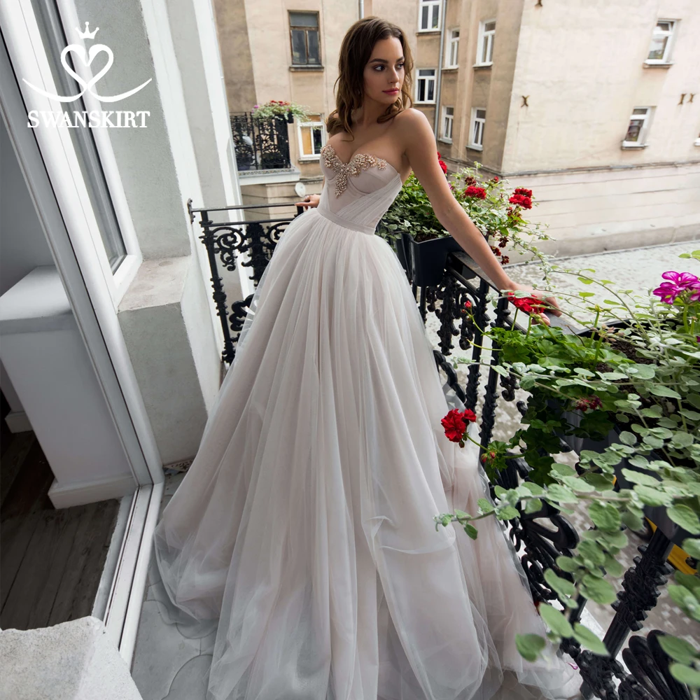 

Romantic Tulle A-Line Wedding Dress Swanskirt 2 In 1 Detachable Crystal Court Train Bridal Gown Princess Vestido De Noiva Q107