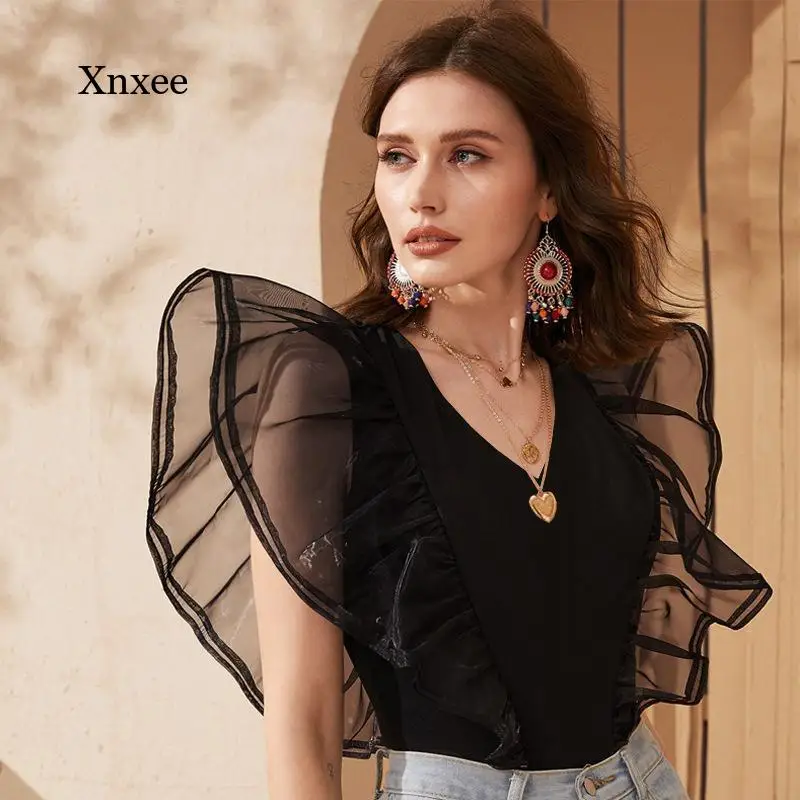 

V Neck Mesh Blouse Women Tops Ruffle Sleeve Transparent See Through Patchwork Shirts Elegant Fashion Bluas Party Tee