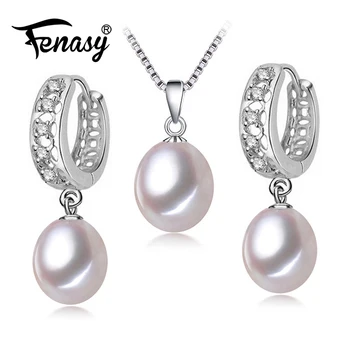 

FENASY 925 Sterling Silver Jewelry Sets Natural Freshwater Pearl Drop Earrings Custom Trendy Pendant Chain Necklaces For Women
