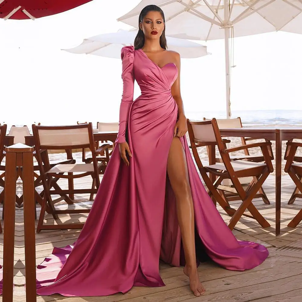 Sexy Mermaid Side Split Prom Dresses With Long Train One Shoulder Sleeves Evening Gown Satin Pleated Formal Dress | Свадьбы и