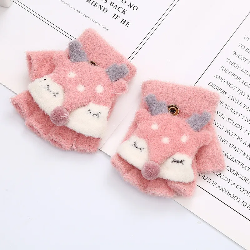 pink Новые зимние детские теплые жаккардовые золотые шелковые перчатки с рисунком оленя, теплые вязаные шерстяные перчатки, рождественский подарок для детей - Цвет: pink