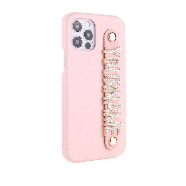 Luxury Custom Initial Name Pebble Leather Phone Case For iPhone 11 12 13 Pro Mini Max XR XS 7 8Plus Diamond Metal Letters Cover PINK