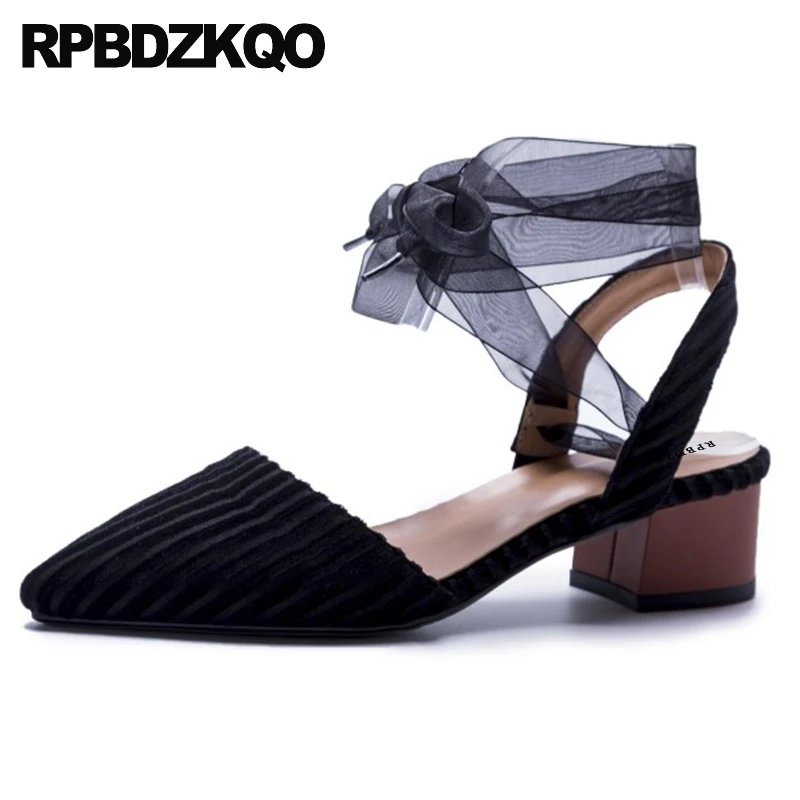 

high quality ladies low heels shoes cross strap black pink lace up slingback pointed toe block pumps tie modern sandals chunky