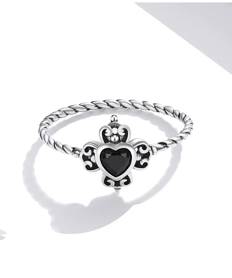 BAMOER Stackable Lucky Blue Eye Ring 925 Sterling Silver Vintage Black Heart-Shaped Zircon Finger Ring Fine Jewelry Party Gift cartier ring