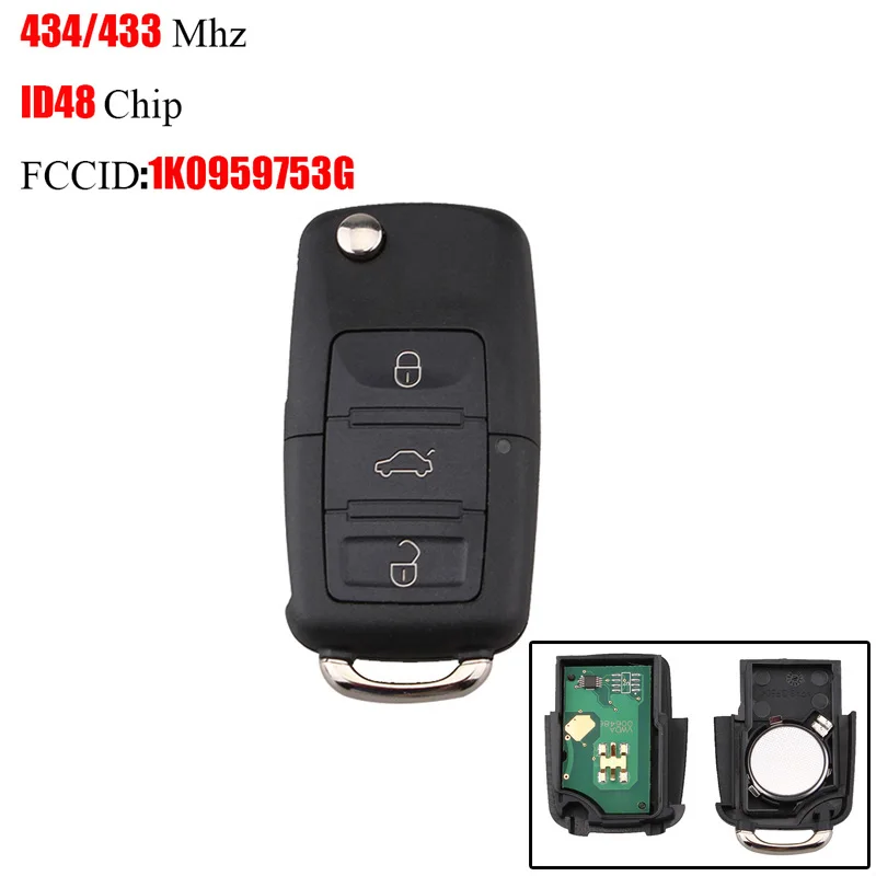 3 кнопки дистанционного ключа для VW 1K0959753G ID48 чип 434 МГц VOLKSWAGEN PASSAT B5 B6 Skoda Tiguan Touran GOLF