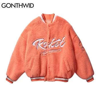 

GONTHWID Striped Bomber Baseball Fleece Jackets Streetwear Hip Hop Casual Embroidery Stand Collar Jacket Coats Harajuku Outwear