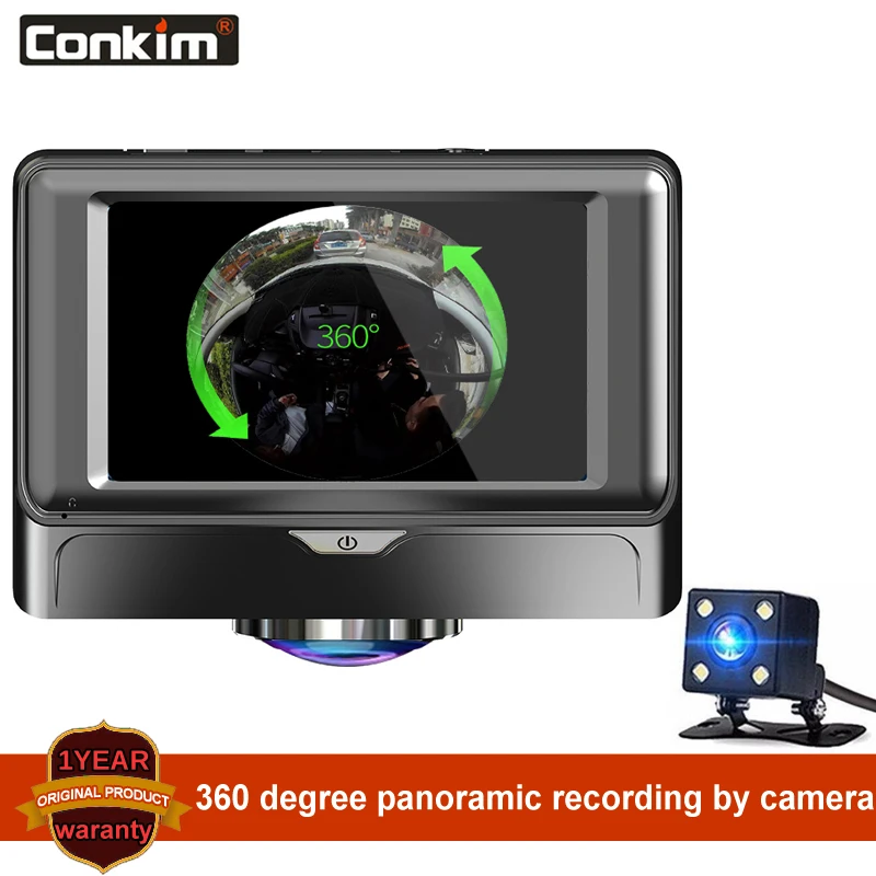 Автомобильный видеорегистратор Conkim 360 градусов с сенсорным двухканальным Full HD