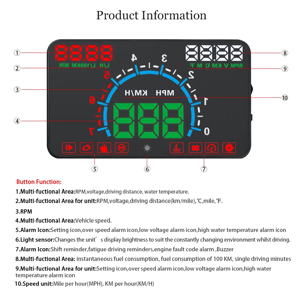E350 OBD2 II HUD Car Display 5.8 Inch Screen Easy Plug And Play Overspeed Alarm Fuel Consumption display hud projector