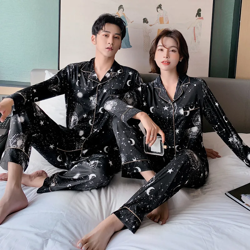 남녀공용 갤럭시 스타 문 새틴 프린트 긴팔 바지, 커플 잠옷, 연인 잠옷, 여성 잠옷, 홈웨어, 2 개