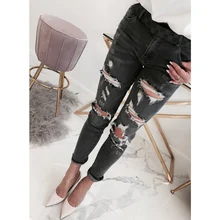 Женские джинсовые брюки с дырками, винтажные Узкие рваные джинсы с высокой талией, повседневные Стрейчевые узкие прямые брюки-карандаш D25