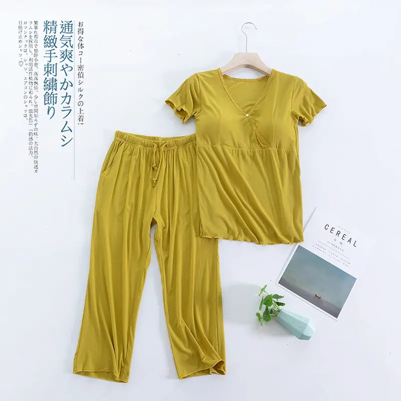 Fdfklak Summer Modal Short Sleeve Nursing Clothes Maternity Nightwear 2 Pieces Breast Feeding Pajamas For Nursing Mothers