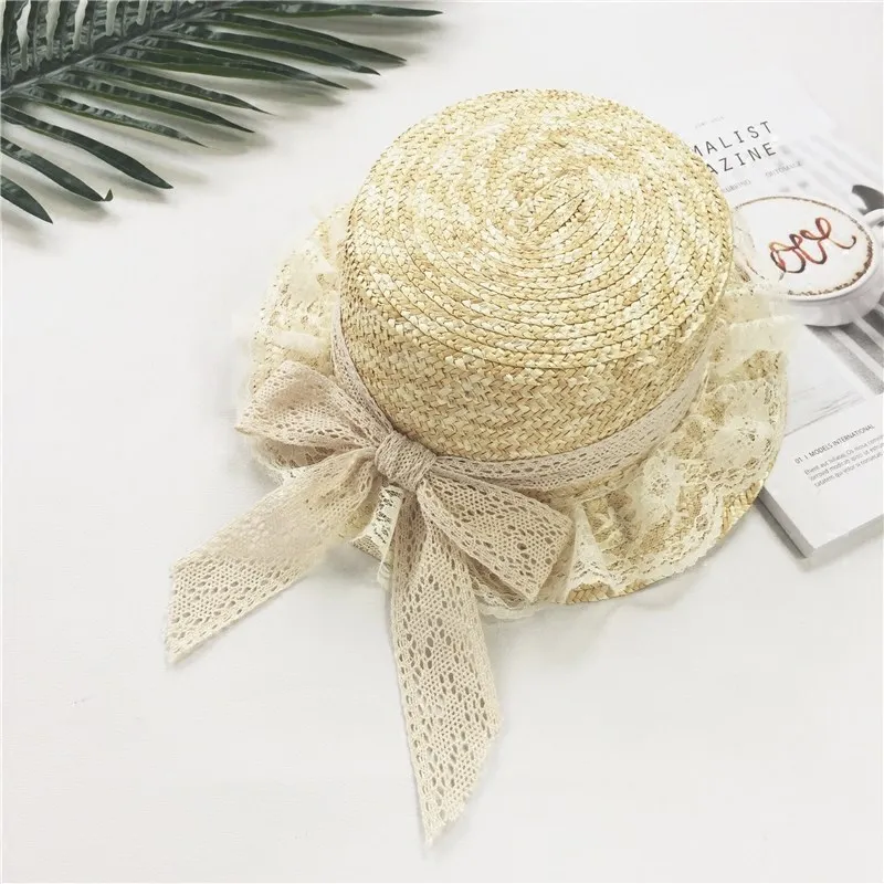 

Korean-style Lace Bow Straw Straw Hat Summer Women's Elegant Flat Roof Topee Beach Holiday Sun Protection Hat Fashion