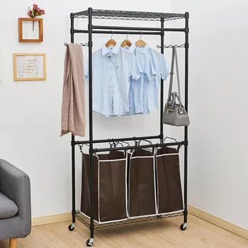 

Garment Rack With 3 Heavy-Duty Laundry Hamper Sorter with Clothes Bag Cart, Laundry Sorter Cart Coat Rack for Clothes Storage