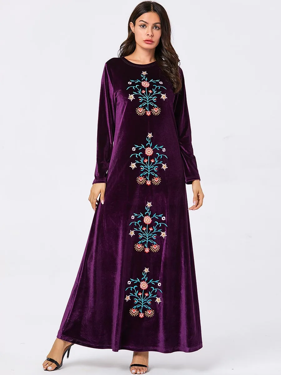 Elegant Velvet Abaya Muslim Embroidery Maxi Dress Cardigan Kimono Long Robe Gowns Middle East Eid Ramadan Islamic Prayer - Цвет: purple