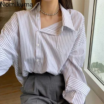 

Nomikuma Vintage Stripe Irregular Blouses Women Causal Long Sleeve Tops 2020 Spring Summer Single Breasted Lady OL Shirt 3Z067