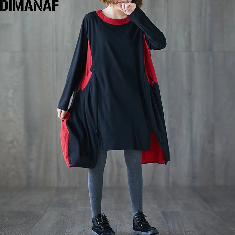 

DIMANAF Plus Size Women T-Shirt Autumn Tops Shirts Long Sleeve Patchwork Basic Tunic Tees Loose Casual Oversize Female Clothes