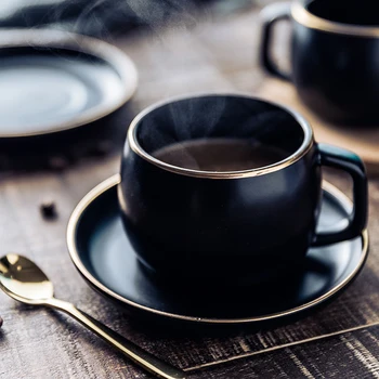 

Ceramic Coffee Cup and Saucer Black Pigmented Porcelain Tea Cup Set with Stainless Steel 304 Spoon