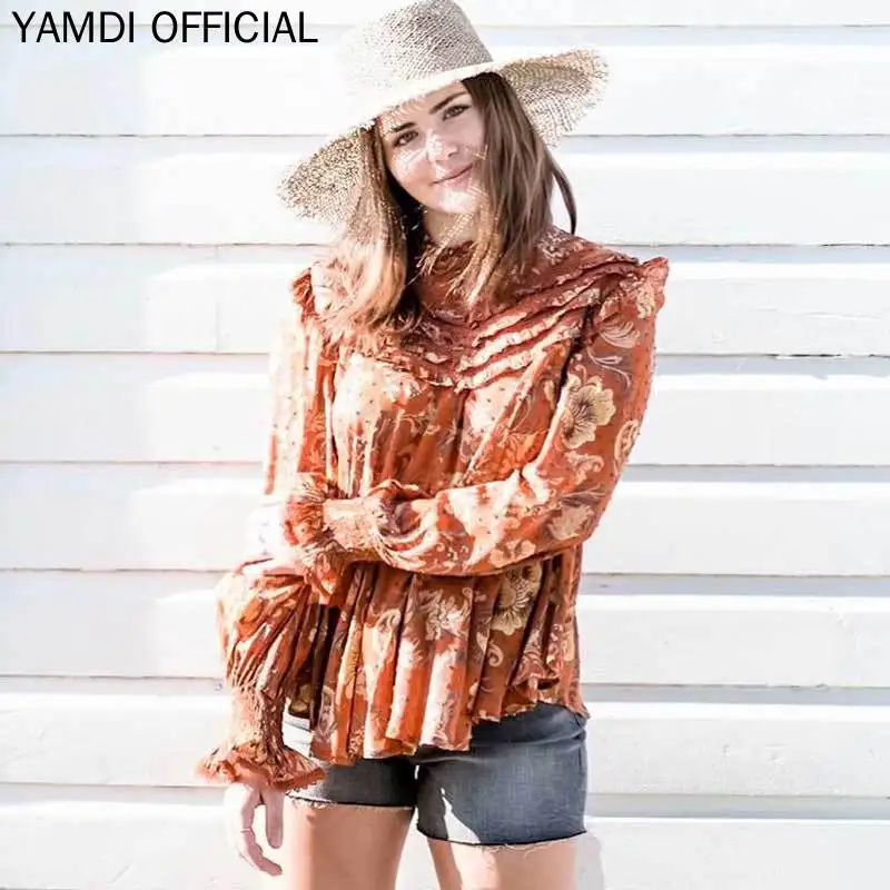 YAMDI Новое поступление осень-зима блузка женская Для женщин Винтаж взлетно-посадочной полосы Chic с цветочным принтом рубашка Boho Laddy рюшами Пейсли Топы B