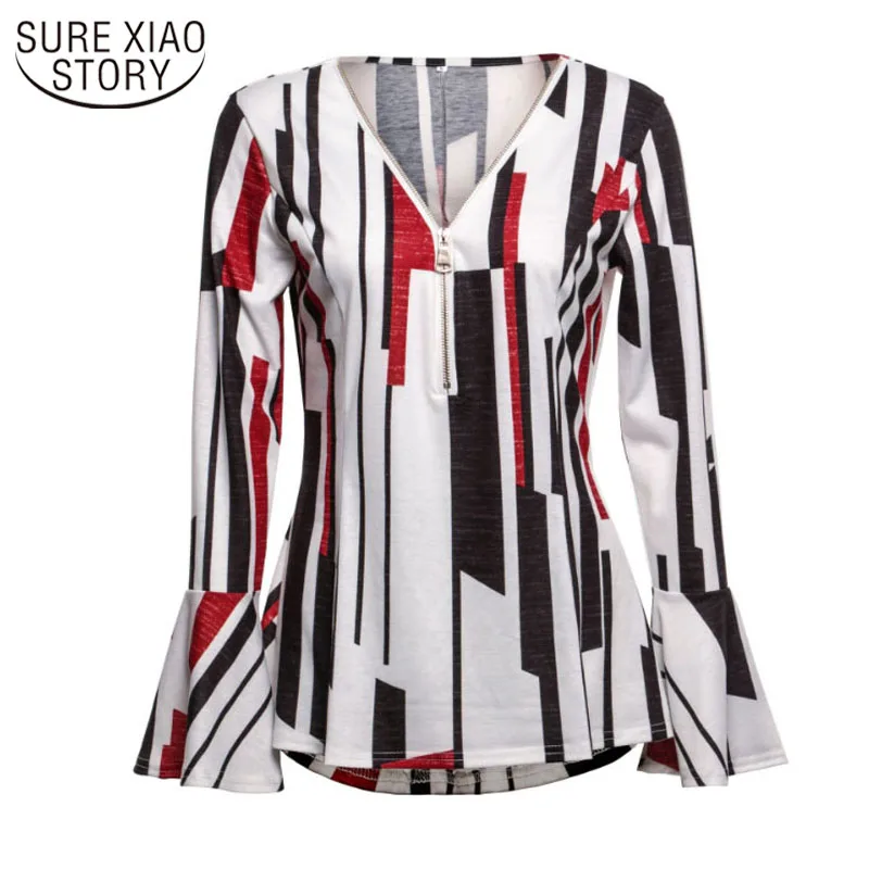

V-neck Flare Sleeve Fashion European Contrast Color Zipper Autumn Splicing Shirt Women Printing T-shirt Pullover Blouse 12417