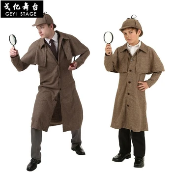 

new Kid children Sherlock Holmes Cosplay Costumes Fancy Dress Trench Cap Pipe Magnifier halloween for men adult