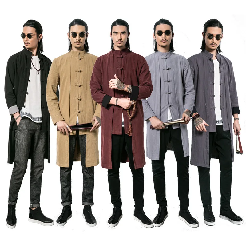 

Mens Traditional Chinese Clothing Autumn Cotton Linen Long Trench Kung Fu Tai Chi Master Costume Male China Jacket CN-103