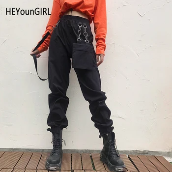 

New Sexy Harajuku Black Cargo Pants Women Elastic High Waist Trousers with Strip Pocket Cool Casual Joggers Ladies Streetwear
