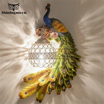 

European Luxury Wall Lamp Bohemia Color Peacock LED Lusters Crystal Lampshade Wall Light Bedroom Bedside Resin Wall Sconce Lamp