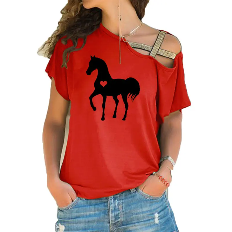 Футболка с изображением лошади в виде сердца; футболка с изображением лошади; подарок для влюбленных в лошадь; подарки для конного спорта; одежда для дня рождения; необычные футболки с перекрестной повязкой - Цвет: 14